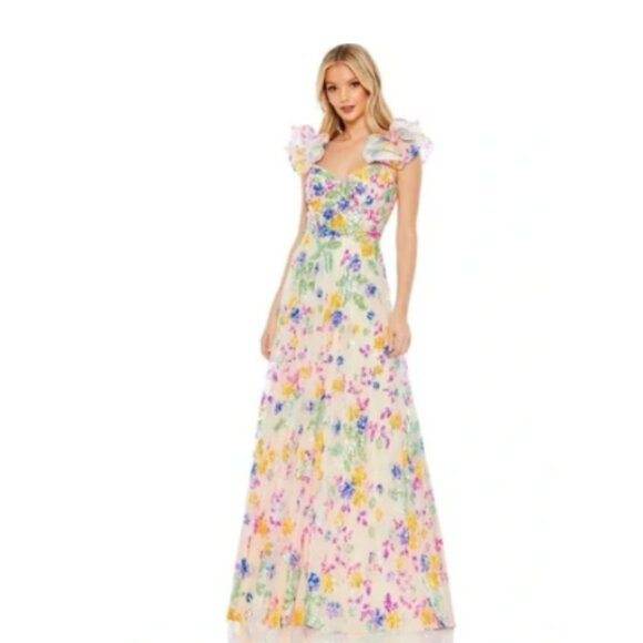 Mac Duggal Multicolor Floral Sequin Embellished Ruffle Sleeve Gown 14 NWT - Picture 11 of 11